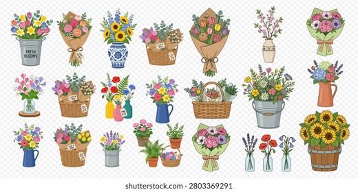 A vibrant collection of various flower bouquets and potted plants, showcasing different arrangements and containers, perfect for spring and summer themes.