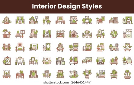 A vibrant collection of various interior design styles illustrated in a colorful, minimalist style, showcasing furniture, decor, and plants.