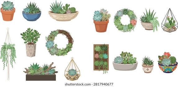 A vibrant collection of various succulent plants, including cacti, in different pots, planters, and decorative arrangements like wreaths and terrariums.