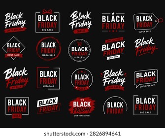 A vibrant collection of vector banners and badges promoting Black Friday sales, featuring various discount offers and colorful designs against a dark black background.