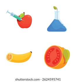 Vibrant collection of vector graphics featuring an apple with a syringe, a flask, a banana, and a sliced tomato