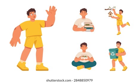 A vibrant collection of vector illustrations featuring a large hand character and smaller characters engaging in eco-friendly and educational activities. The characters are depicted in various scenari