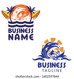A vibrant collection of vector logo templates featuring a dynamic surfing and tropical beach theme. The set includes two primary designs: one showcasing a surfer catching a massive wave framed by palm trees and surfboards against an orange sunset, and a second more minimalist circular emblem focusing on the wave and sun. With a bright palette of orange, blue, and yellow, these professional badges are perfect for surf shops, beach resorts, summer apparel, water sports clubs, and travel agencies.