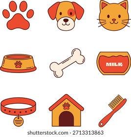 A vibrant collection of vector pet icons, including dog and cat faces, a paw print, food bowl, bone, milk, collar, dog house, and brush.