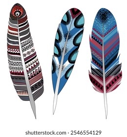 vibrant collection  vector-colored feathers, featuring intricate detailing  variety  bold  soft  teal, orange, ,  magenta.  feather  delicately crafted  gradient shading   linework, giving  artistic 