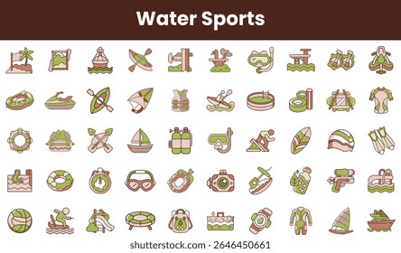 Uma coleção vibrante de ícones de esportes aquáticos, com caiaques, equipamentos de mergulho e dispositivos flutuantes, apresentando um tema aquático animado com várias atividades envolventes.