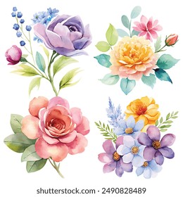 A vibrant collection of watercolor flowers including roses, daisies, and peonies. Perfect for invitations, design projects, and decor.