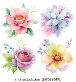A vibrant collection of watercolor flowers including roses, daisies, and peonies. Perfect for invitations, design projects, and decor.