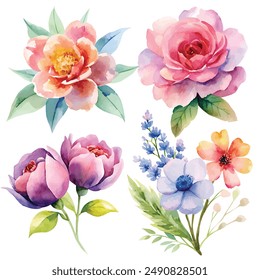 A vibrant collection of watercolor flowers including roses, daisies, and peonies. Perfect for invitations, design projects, and decor.