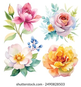 A vibrant collection of watercolor flowers including roses, daisies, and peonies. Perfect for invitations, design projects, and decor.