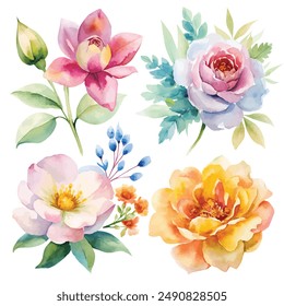 Eine lebendige Kollektion von Aquarellblumen, darunter Rosen, Gänseblümchen und Pfingstrosen. Perfekt für Einladungen, Designprojekte und Dekor.