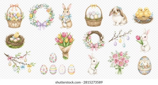 A vibrant collection of watercolor illustrations featuring Easter bunnies, colorful eggs, floral wreaths, baskets, chicks, and spring flowers, perfect for holiday designs.