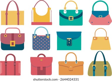 A vibrant collection of women's handbags showcasing diverse styles and colors, perfect for fashion-forward looks and every occasion.