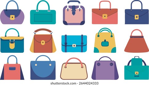 A vibrant collection of women's handbags showcasing diverse styles and colors, perfect for fashion-forward looks and every occasion.