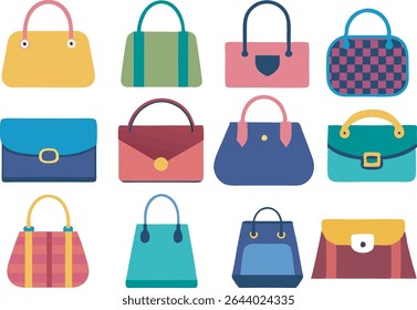 Uma coleção vibrante de bolsas femininas apresentando diversos estilos e cores, perfeito para olhares de moda e todas as ocasiões.