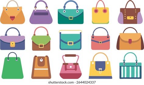 A vibrant collection of women's handbags showcasing diverse styles and colors, perfect for fashion-forward looks and every occasion.