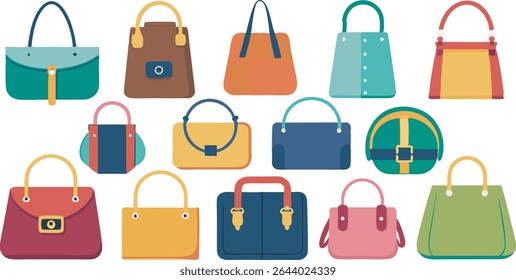 A vibrant collection of women's handbags showcasing diverse styles and colors, perfect for fashion-forward looks and every occasion.
