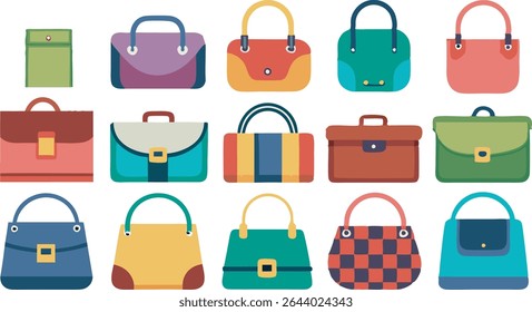 A vibrant collection of women's handbags showcasing diverse styles and colors, perfect for fashion-forward looks and every occasion.