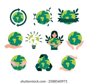  A vibrant collection of World Earth Day-themed illustrations, featuring eco-friendly symbols like the Earth, green leaves, recycling icons, hands holding the planet and sustainability elements. 