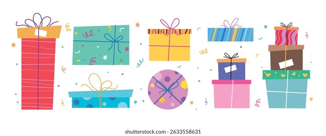 A vibrant collection of wrapped gift boxes with ribbons and confetti in flat style. Ideal for birthday designs, party invitations, holiday cards, or festive backgrounds for all celebrations.