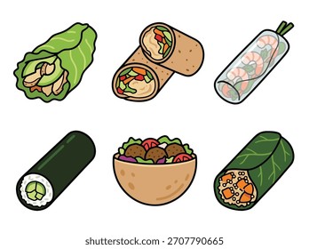 A vibrant collection of wraps and rolls, showcasing diverse culinary styles and fresh ingredients in an appetizing arrangement.