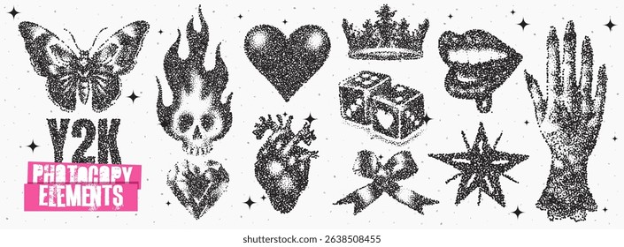 A vibrant collection of Y2K-themed graphic elements showcases butterflies, flames, hearts, crowns, and other symbols that encapsulate the early 2000s aesthetic in a striking visual format.