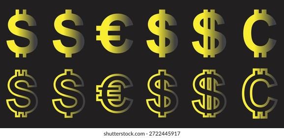 Uma coleção vibrante de símbolos de gradiente amarelo e dólar contorno, euro e centavo de moeda