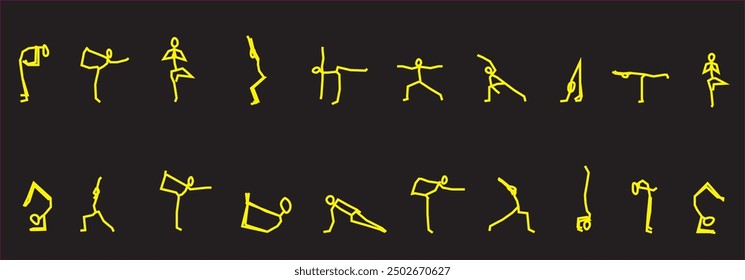 A vibrant collection of yellow neon matchstick figures performing various yoga poses against a black background, available in EPS format. This eye-catching and modern design is perfect for creative