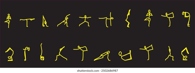 A vibrant collection of yellow neon matchstick figures performing various yoga poses against a black background, available in EPS format. This striking and energetic design is perfect for contemporary