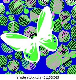 Vibrant color abstract lines background with butterfly illustration together vector print pattern. For fashion and graphic design. Green with blue color fabric with wallpaper pattern and t shirt print