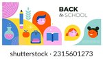 Vibrant Color Back To School background concept design. Geometrical flat style illustration, banner and poster. Kids, school supplies, backpack and yellow bus vector illustration