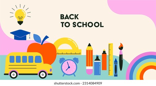 Vibrant Color Back To School background concept design. Geometrical flat style illustration, banner and poster. School supplies and yellow bus vector illustration