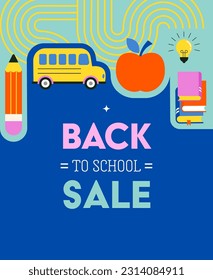 Vibrant Color Back To School background concept design. Geometrical flat style illustration, banner and poster. School supplies and yellow bus vector illustration