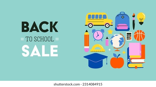 Vibrant Color Back To School background concept design. Geometrical flat style illustration, banner and poster. School supplies and yellow bus vector illustration