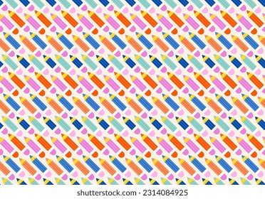 Vibrant Color Back To School background, seamless pattern with pens and pencils. Vector illustration