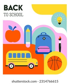 Diseño de fondo de color vibrante de vuelta a la escuela. Ilustración geométrica de estilo plano, pancarta y afiche. Ilustración de vectores de material escolar, mochila y autobús escolar amarillo