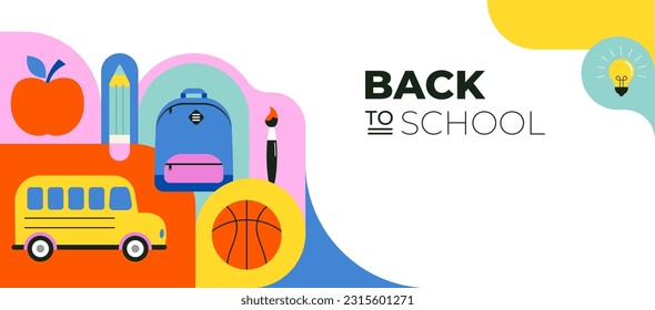 Vibrant Color Back To School background concept design. Geometrical flat style illustration, banner and poster. School supplies, backpack and yellow school bus vector illustration