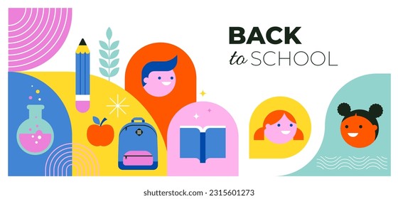 Vibrant Color Back To School background concept design. Geometrical flat style illustration, banner and poster. Kids, school supplies, backpack and yellow bus vector illustration