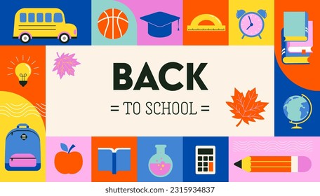 Vibrant Color Back To School background concept design. Geometrical flat style illustration, banner and poster. School supplies and yellow bus vector illustration