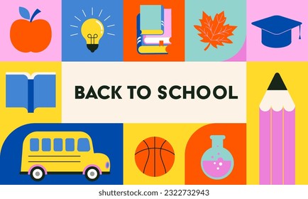 Vibrant Color Back To School background concept design. Geometrical flat style illustration, banner and poster. School supplies and yellow bus vector illustration