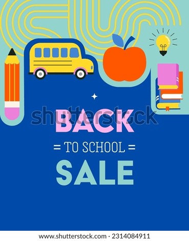 Vibrant Color Back To School background concept design. Geometrical flat style illustration, banner and poster. School supplies and yellow bus vector illustration