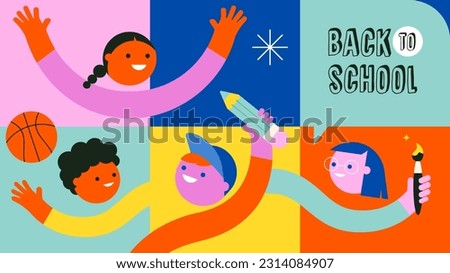 Vibrant Color Back To School sale background concept design. Geometrical flat style illustration, banner and poster. Kids, school supplies and basketball vector illustration