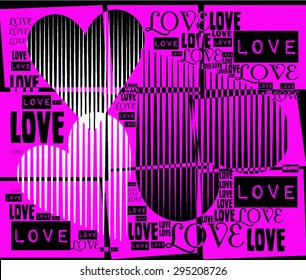 Vibrant color background with Love words together and geometric lines with hearts illustration together vector print pattern For fashion and graphic design, valentines day celebration and wallpaper 