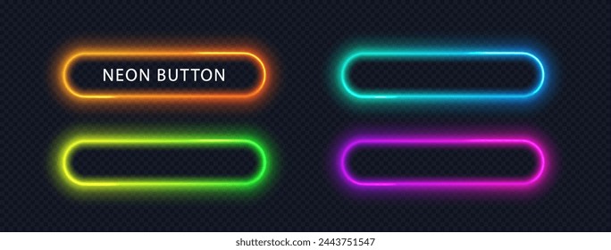 Botón de color vibrante aislado en la oscuridad. Marco neo de degradado de color abstracto con espacio de copia. Formas de vector de luz de neón suave