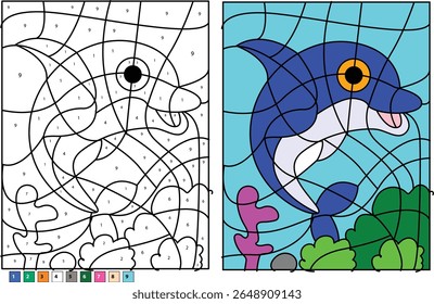 Vibrant Color by Number Dolphin Illustration for Children, Showing a Playful Marine Animal in a Bright Underwater Scene.