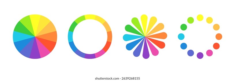 Vibrant color circle chart with full hue spectrum. Radial palette showing primary, secondary, and tertiary colors for design and learning