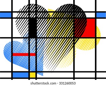 vibrant color geometric lines heart illustration background with mondrian pattern together Vector print pattern fashion and graphic design, t shirt print, fabric and wallpaper pattern and special day