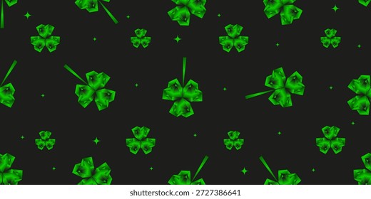 Vibrant color Gradient green Clover Seamless Pattern isolated black. Saint Patrick's Day wrapping paper wallpaper decor template design. Neon shamrock Gradient trellis. EPS 10 
