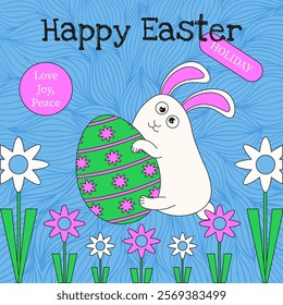 Vibrant color Happy Easter brochure cover with weird simple hand drawn Easter Bunny. Simple Minimal Easter poster cover template. Vector illustration for social media. EPS 10	