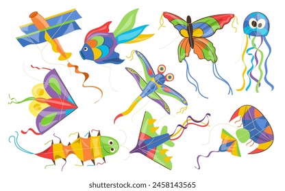 Vibrant color kites children toys of different shapes and forms set isolated on white background